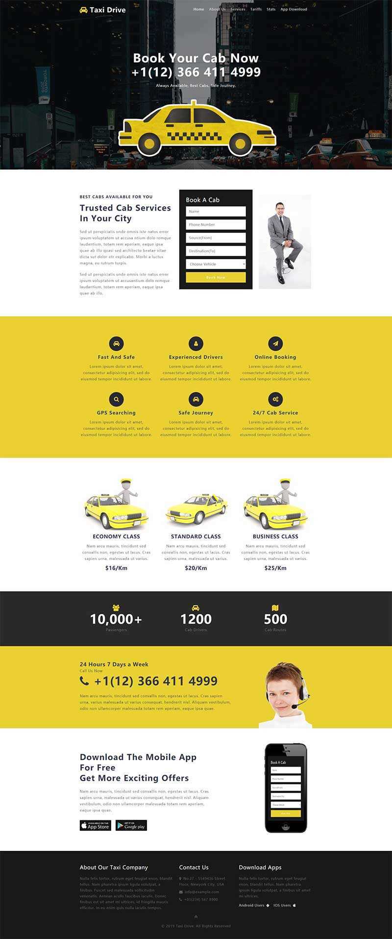 黄色出租车服务网站单页响应式网页html模板 - 小辰精品|源码站™