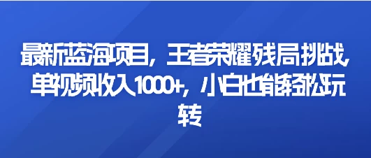 最新蓝海项目，王者荣耀残局挑战，单视频收入1000+，小白也能轻松玩转 - 小辰精品|源码站™