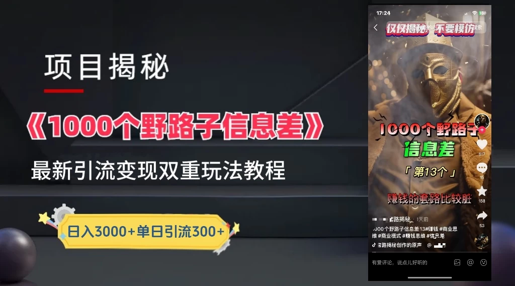 抖音最新一千个野路子玩法教程，变现+引流双重玩法，野路子信息差 - 小辰精品|源码站™