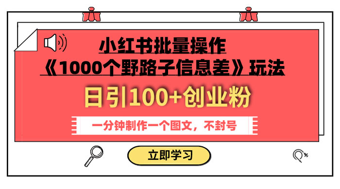 小红书批量操作《 1000 个野路子信息差》玩法，日引 100+ 创业粉，一分钟一个图文 - 小辰精品|源码站™