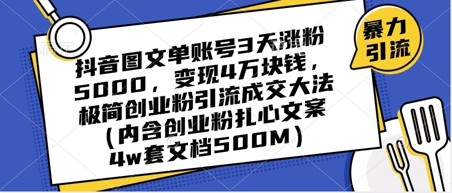 抖音图文单账号 3 天涨粉 5000，变现 4 W，极简创业粉引流成交大法（内含扎心文案） - 小辰精品|源码站™