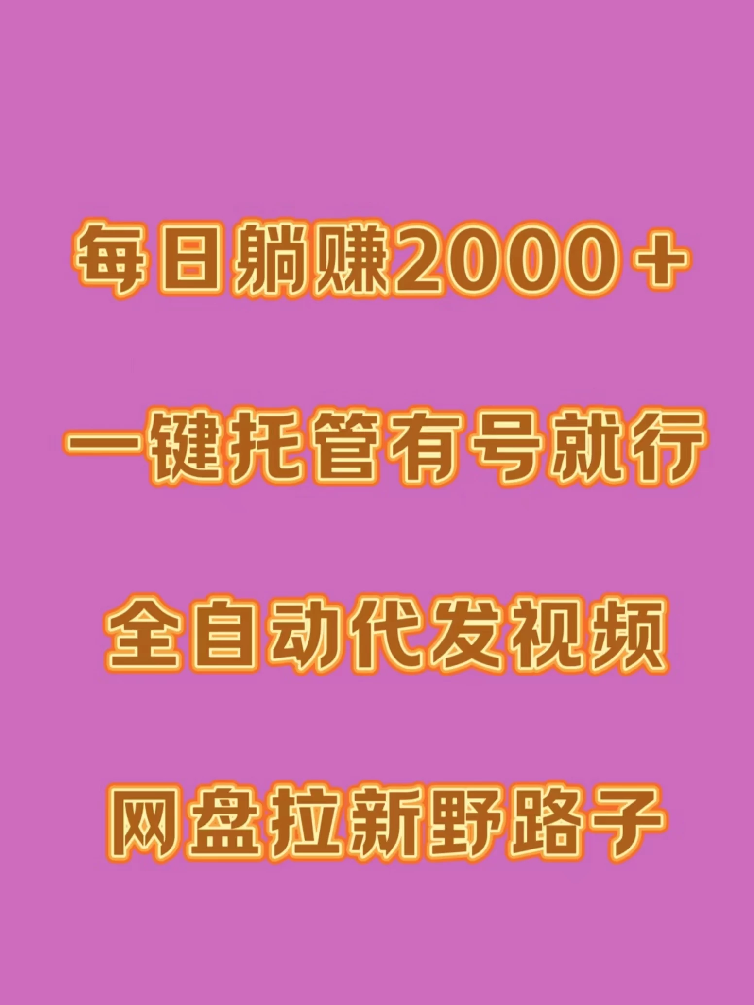 每日躺赚2000＋，一键托管有号就行，全自动代发视频，网盘拉新野路子 - 小辰精品|源码站™