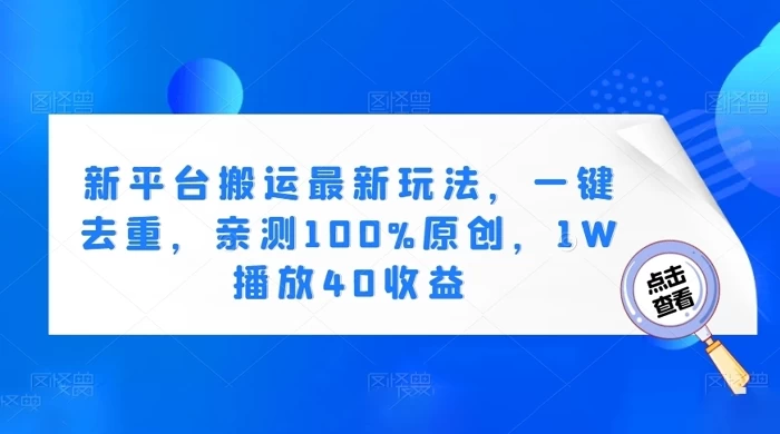 新平台搬运最新玩法，一键去重，亲测 100% 原创，1W 播放 40 收益 - 小辰精品|源码站™